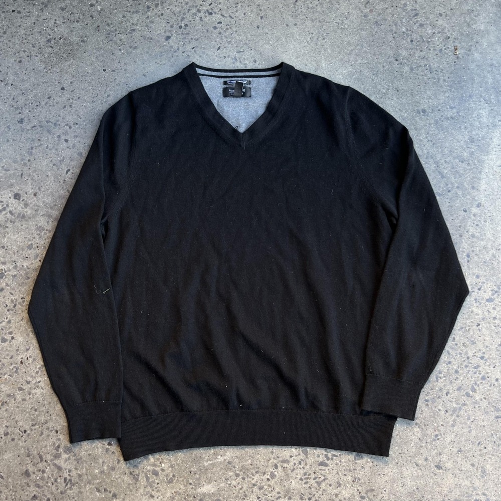 Nordstrom‎ Sweater Mens XL Black Extra Fine Merino Wool V Neck Pullover Knit